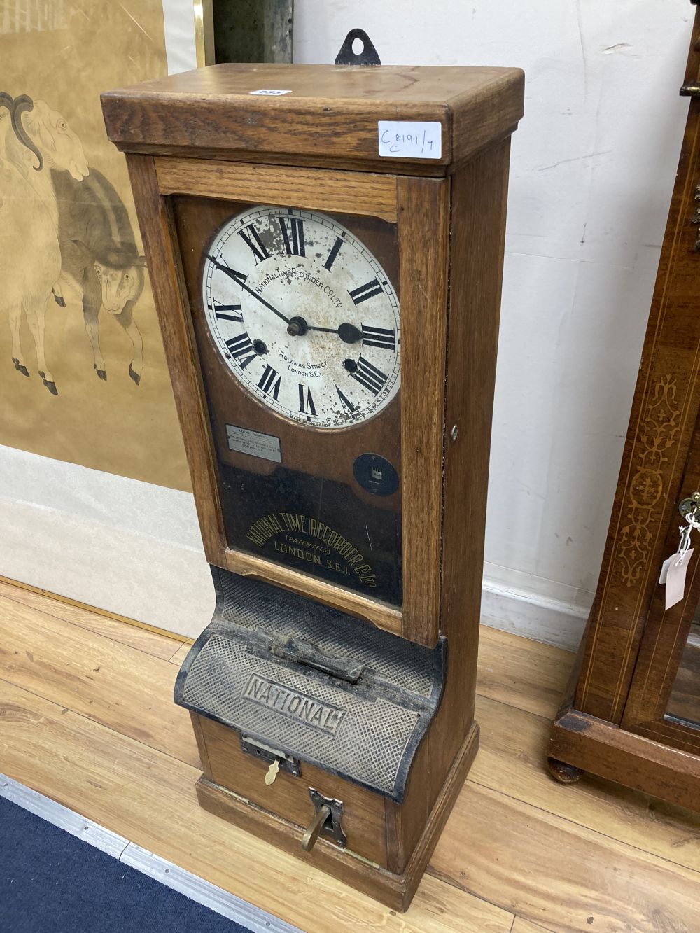 An early 20th century National Time Recording clock, width 33cm depth 28cm height 97cm